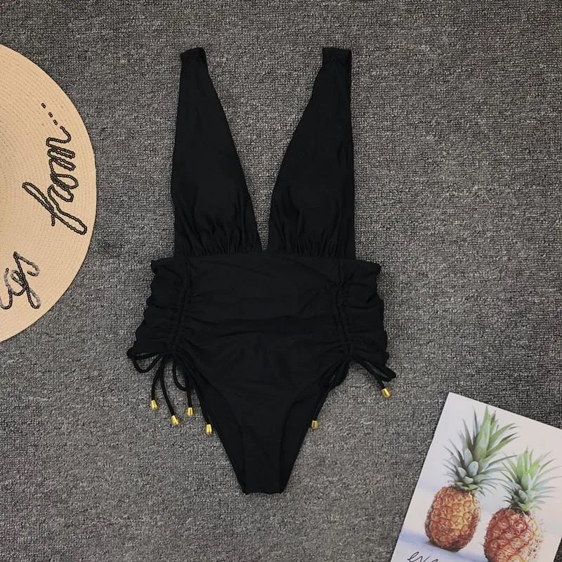Black Plain V Neck High Rise High Cut Swimsuits