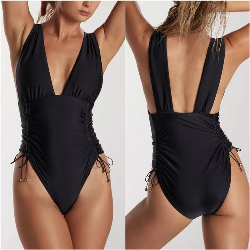 Black Plain V Neck High Rise High Cut Swimsuits