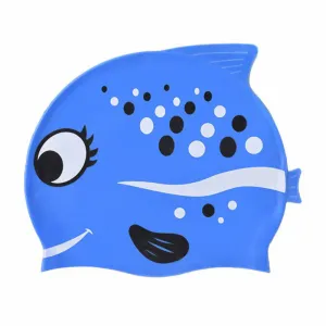 Black Polka  Blue Fishy , Silicone Kids Swim Cap, 5 years -15 years