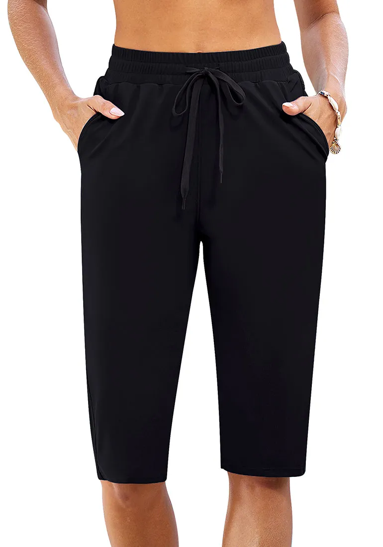 Black Women's Quick-Drying Board Shorts for Beach and Capri swimming trunks