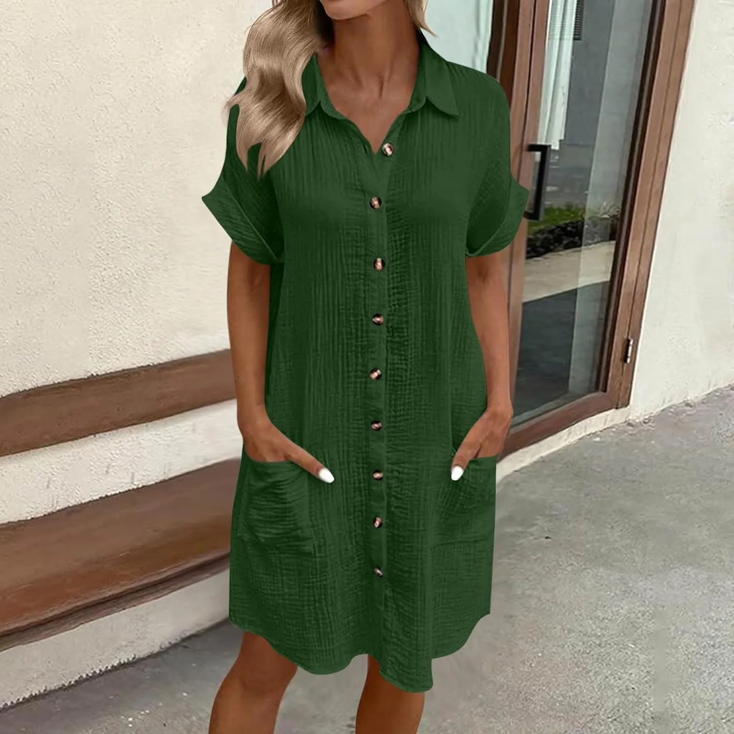 Button Down Dress for Women Summer Short Sleeve Tshirt Dresses Casual Flowy V Neck Loose Midi Beach Dress