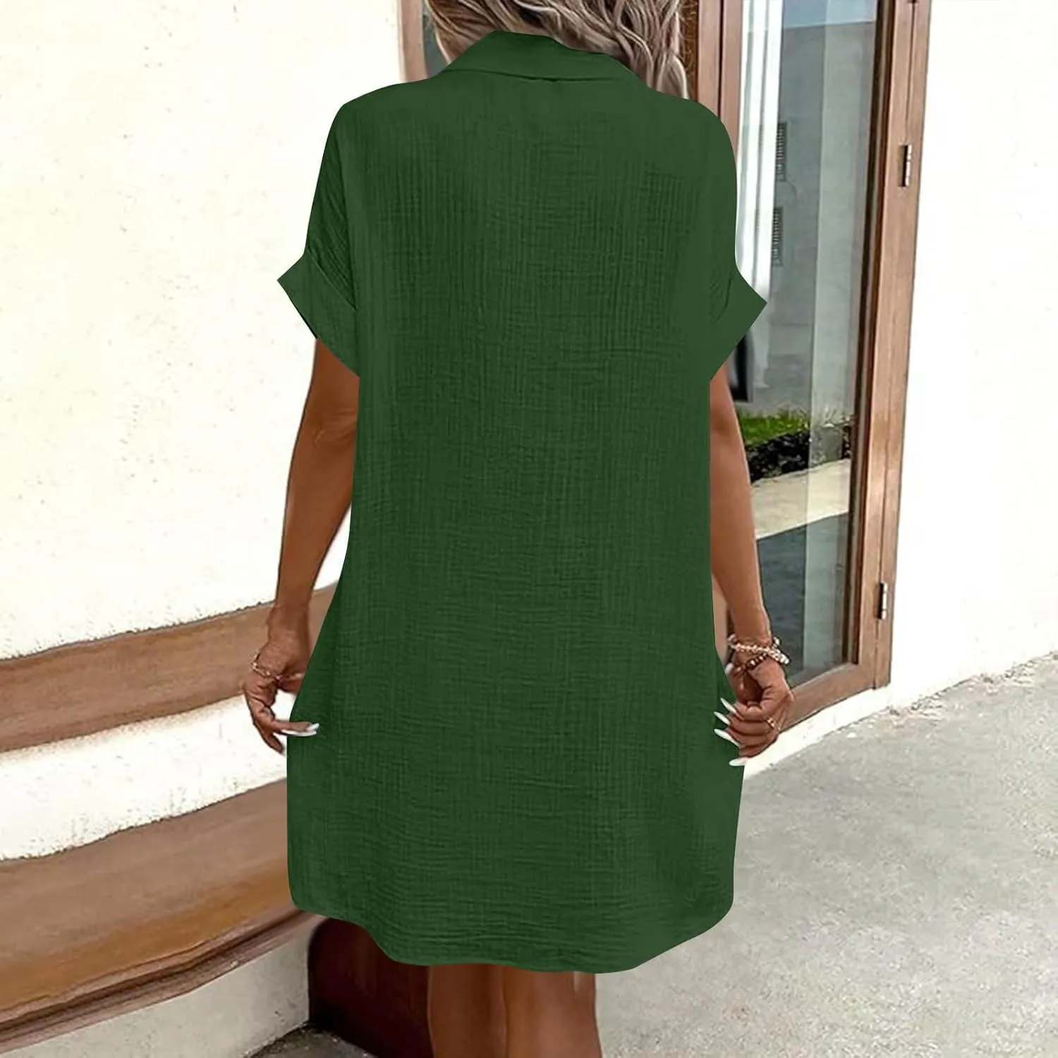 Button Down Dress for Women Summer Short Sleeve Tshirt Dresses Casual Flowy V Neck Loose Midi Beach Dress