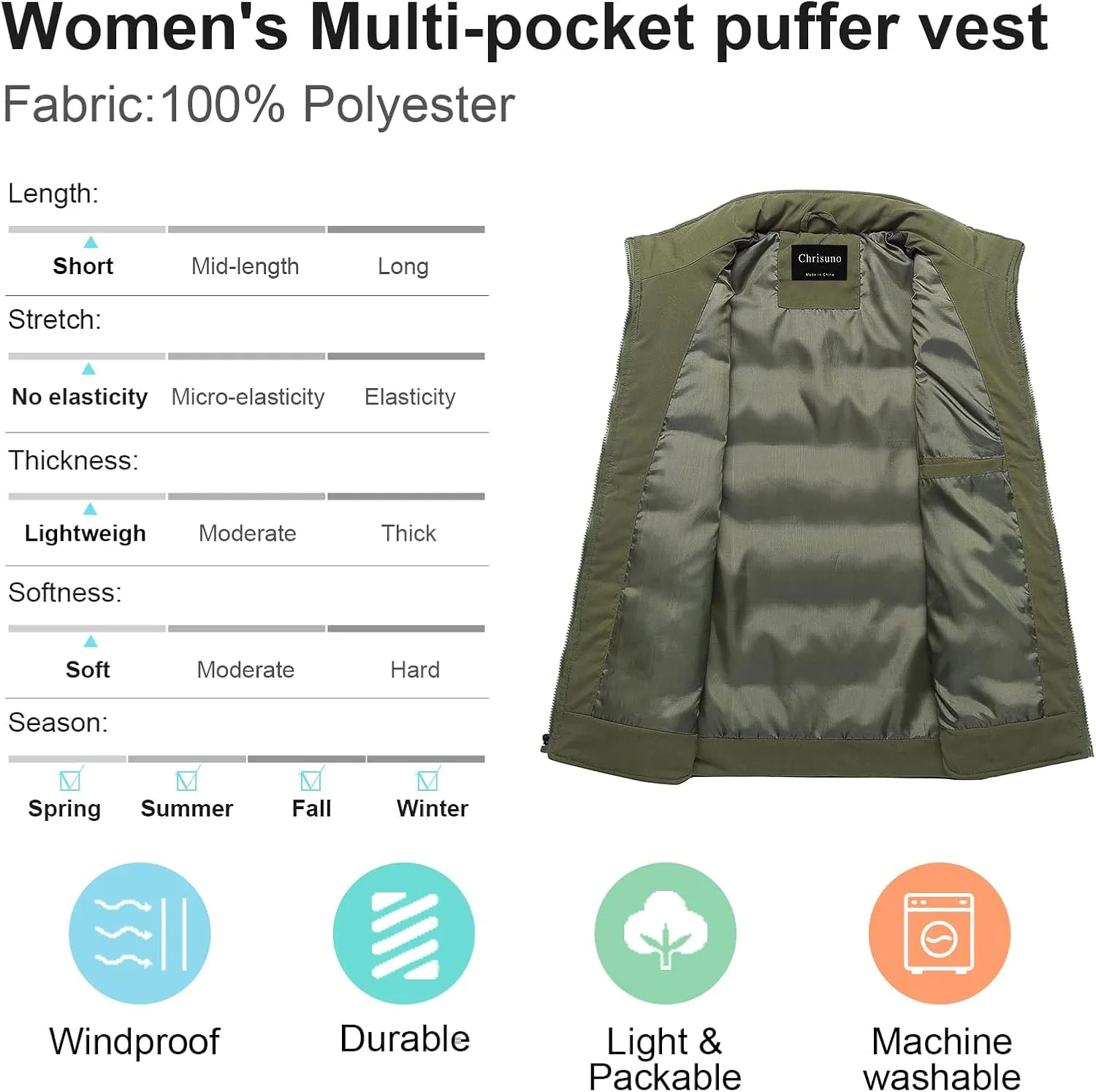 Chrisuno Men's Puffer Vest Casual Stand Collar Quilted Waistcoat Outdoor Padded Ski Vest