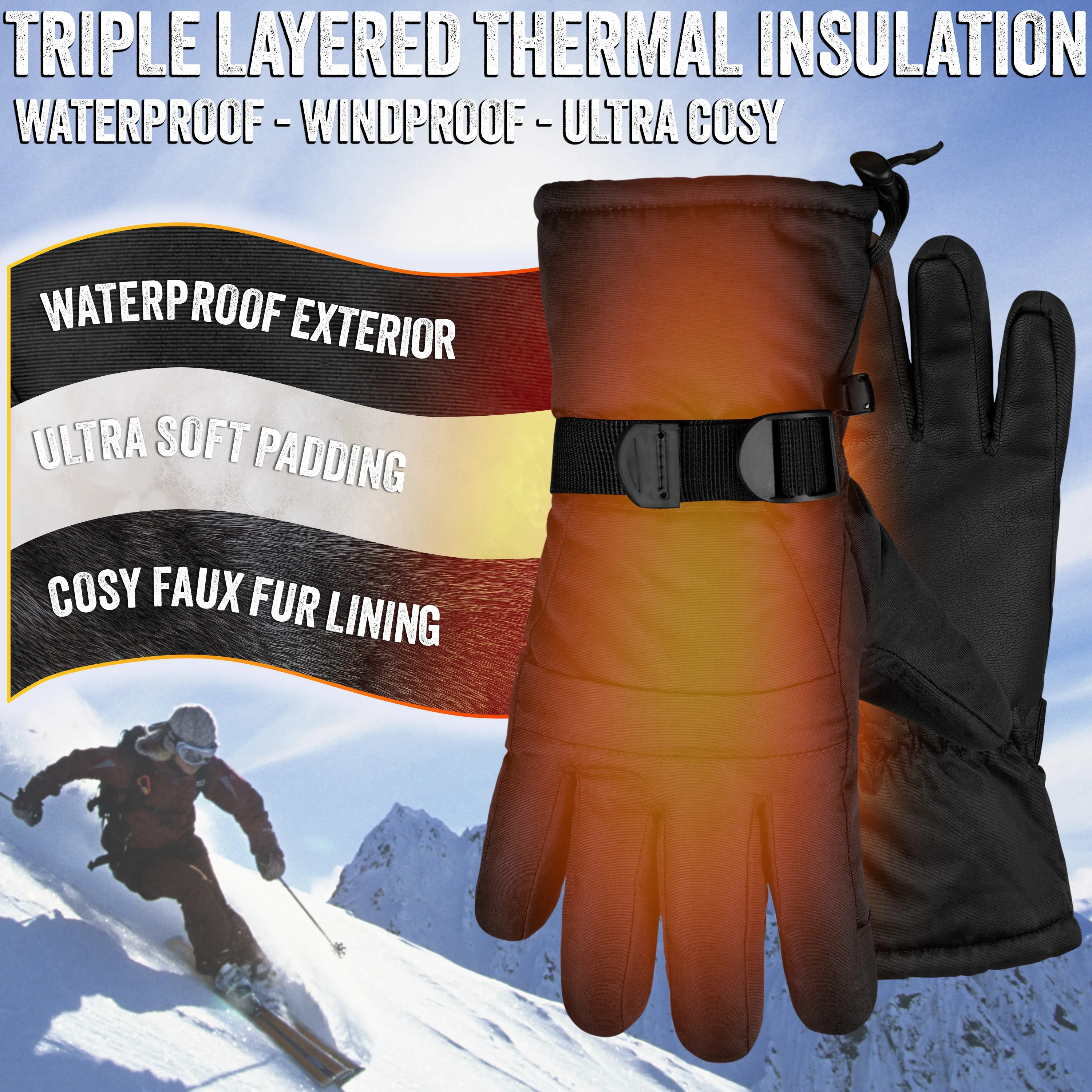 CityComfort Mens Skiing Gloves - Fleece Lined Touch Screen Gloves
