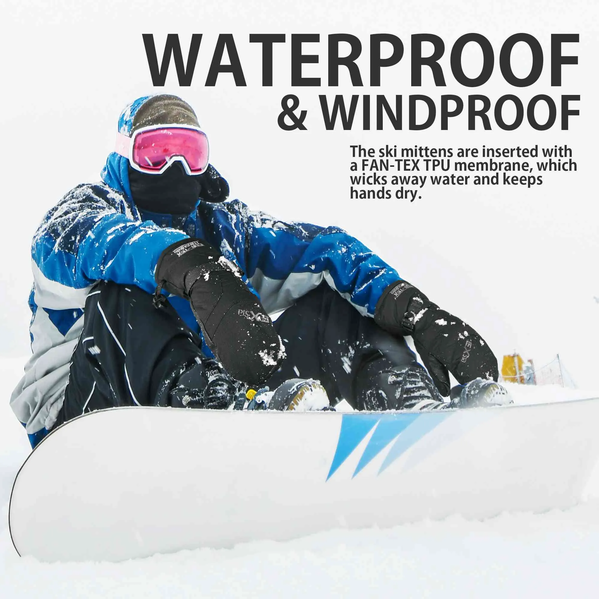 EXski Waterproof Ski Mittens - Thermal 3M Thinsulate Winter Gloves for Men and Women