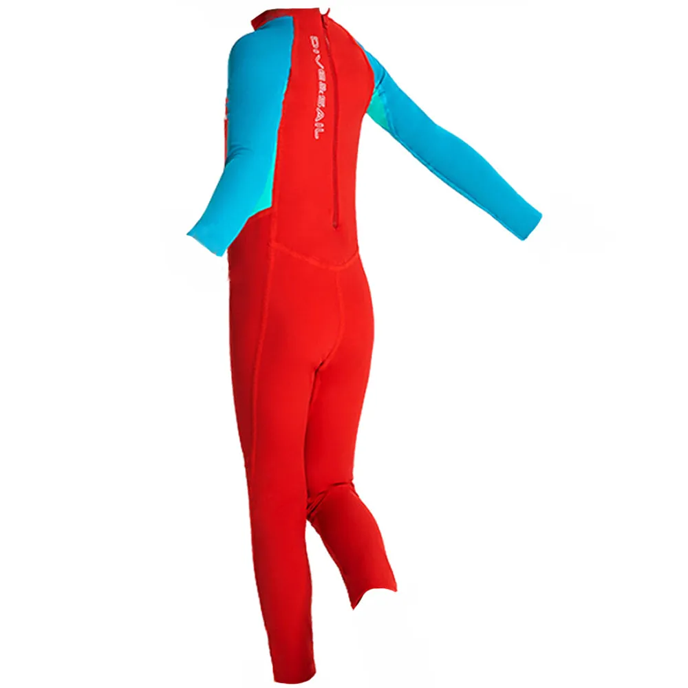 Full Length Dive Red & Teal Green Printed Kids Swimwear In Upf 50  Fabric