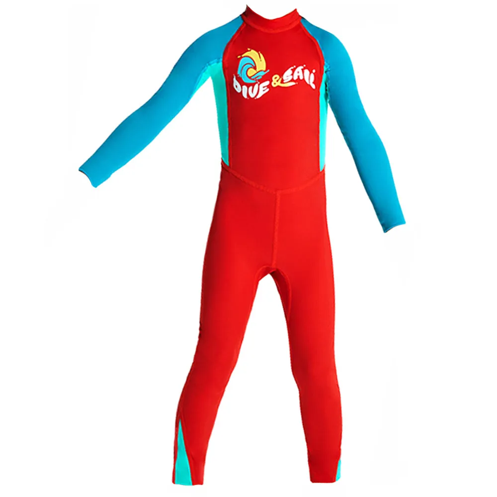 Full Length Dive Red & Teal Green Printed Kids Swimwear In Upf 50  Fabric