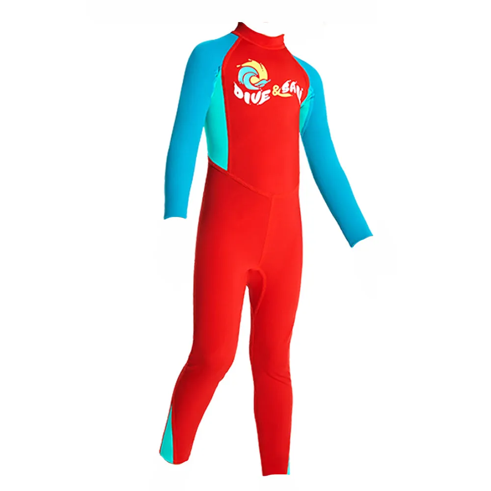 Full Length Dive Red & Teal Green Printed Kids Swimwear In Upf 50  Fabric