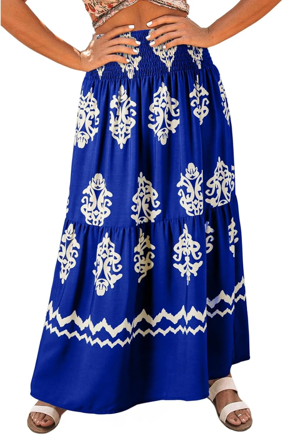 Happy Sailed Womens Retro Print Boho Maxi Skirt Elastic High Waist A-Line Pleated Flowy Long Skirts Beach Vacation Outfits