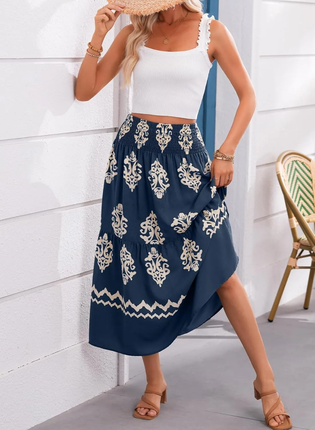 Happy Sailed Womens Retro Print Boho Maxi Skirt Elastic High Waist A-Line Pleated Flowy Long Skirts Beach Vacation Outfits
