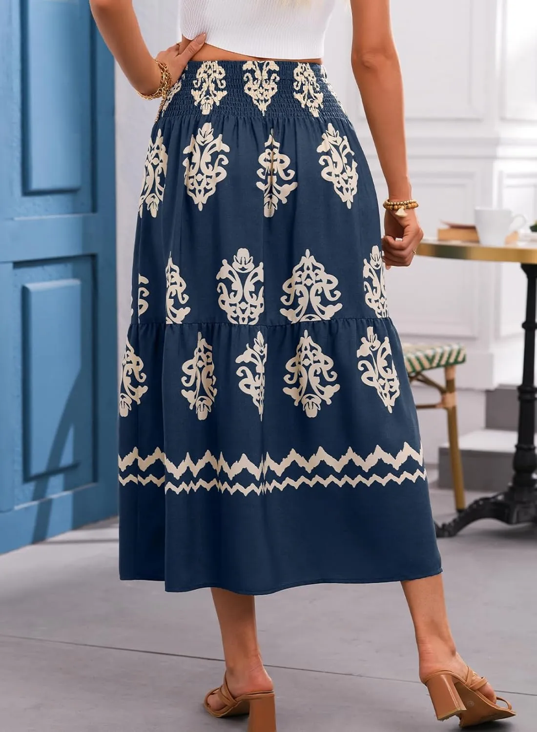 Happy Sailed Womens Retro Print Boho Maxi Skirt Elastic High Waist A-Line Pleated Flowy Long Skirts Beach Vacation Outfits