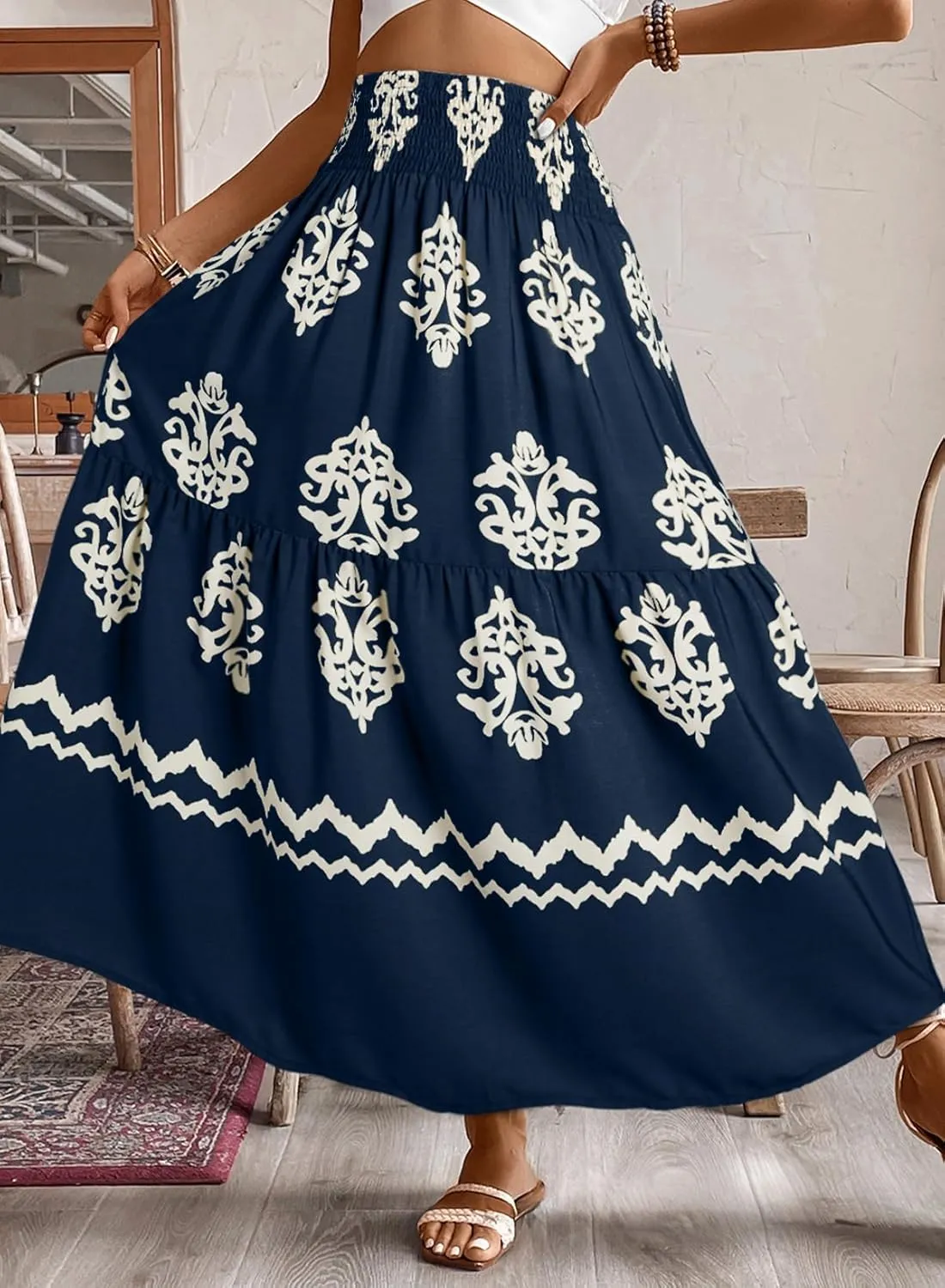 Happy Sailed Womens Retro Print Boho Maxi Skirt Elastic High Waist A-Line Pleated Flowy Long Skirts Beach Vacation Outfits