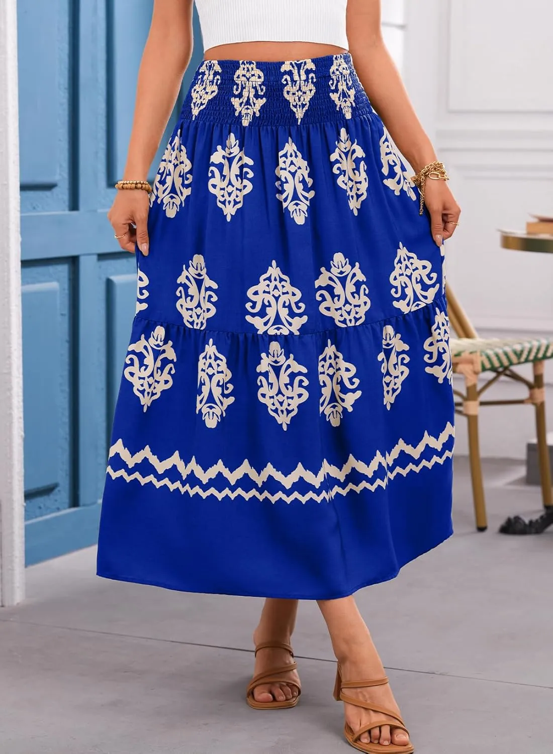 Happy Sailed Womens Retro Print Boho Maxi Skirt Elastic High Waist A-Line Pleated Flowy Long Skirts Beach Vacation Outfits
