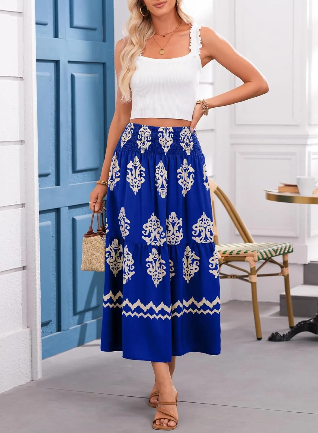 Happy Sailed Womens Retro Print Boho Maxi Skirt Elastic High Waist A-Line Pleated Flowy Long Skirts Beach Vacation Outfits