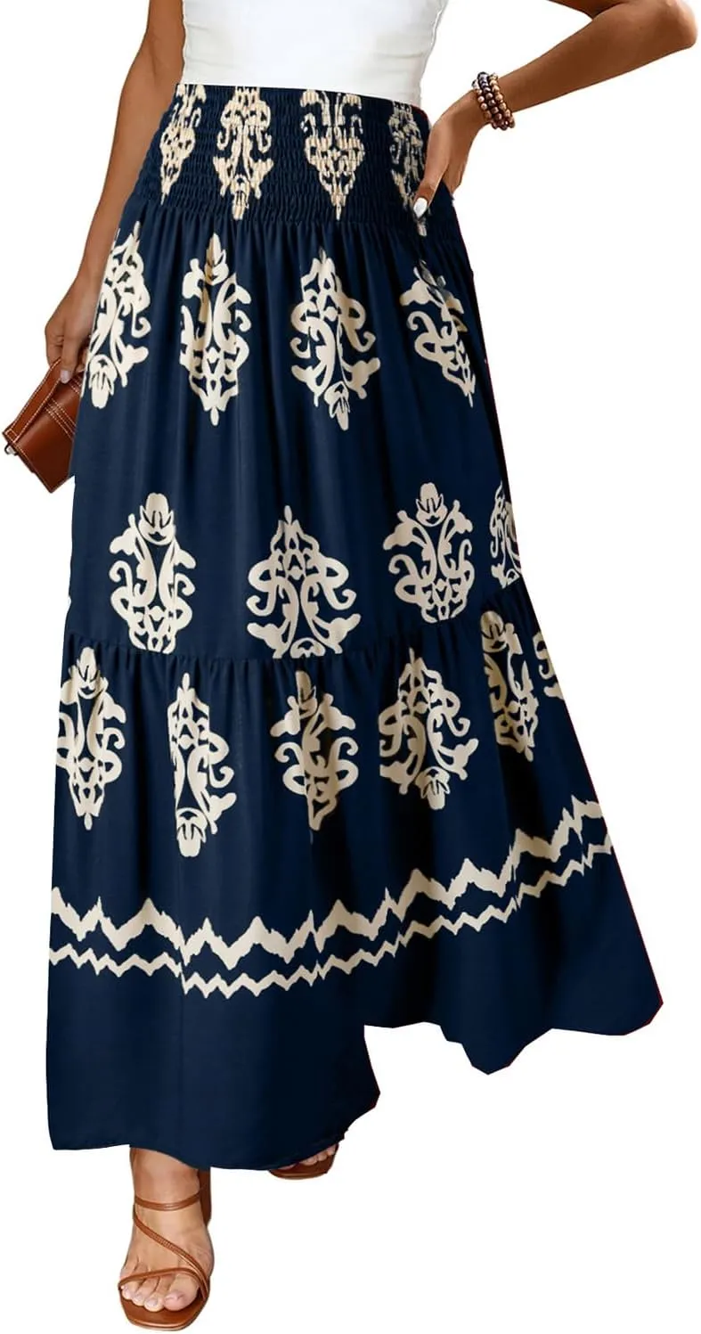 Happy Sailed Womens Retro Print Boho Maxi Skirt Elastic High Waist A-Line Pleated Flowy Long Skirts Beach Vacation Outfits