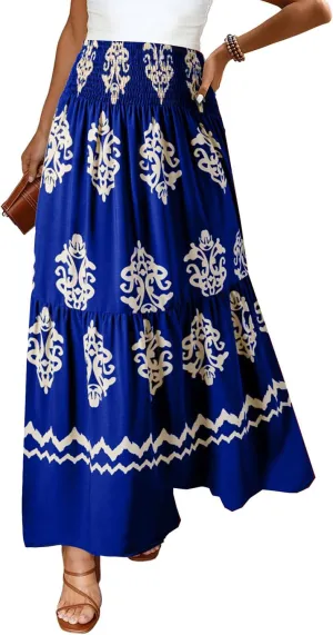 Happy Sailed Womens Retro Print Boho Maxi Skirt Elastic High Waist A-Line Pleated Flowy Long Skirts Beach Vacation Outfits