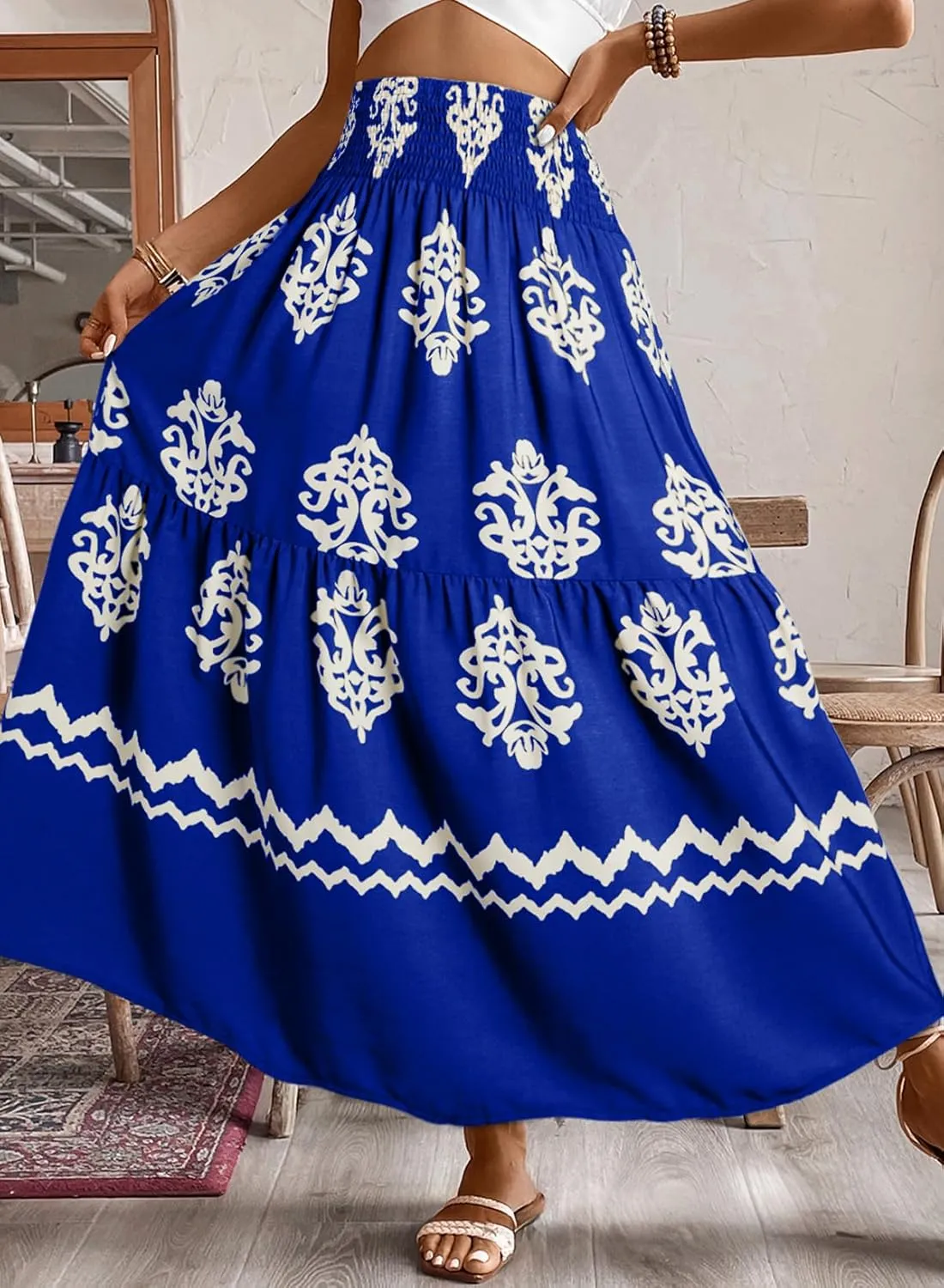 Happy Sailed Womens Retro Print Boho Maxi Skirt Elastic High Waist A-Line Pleated Flowy Long Skirts Beach Vacation Outfits
