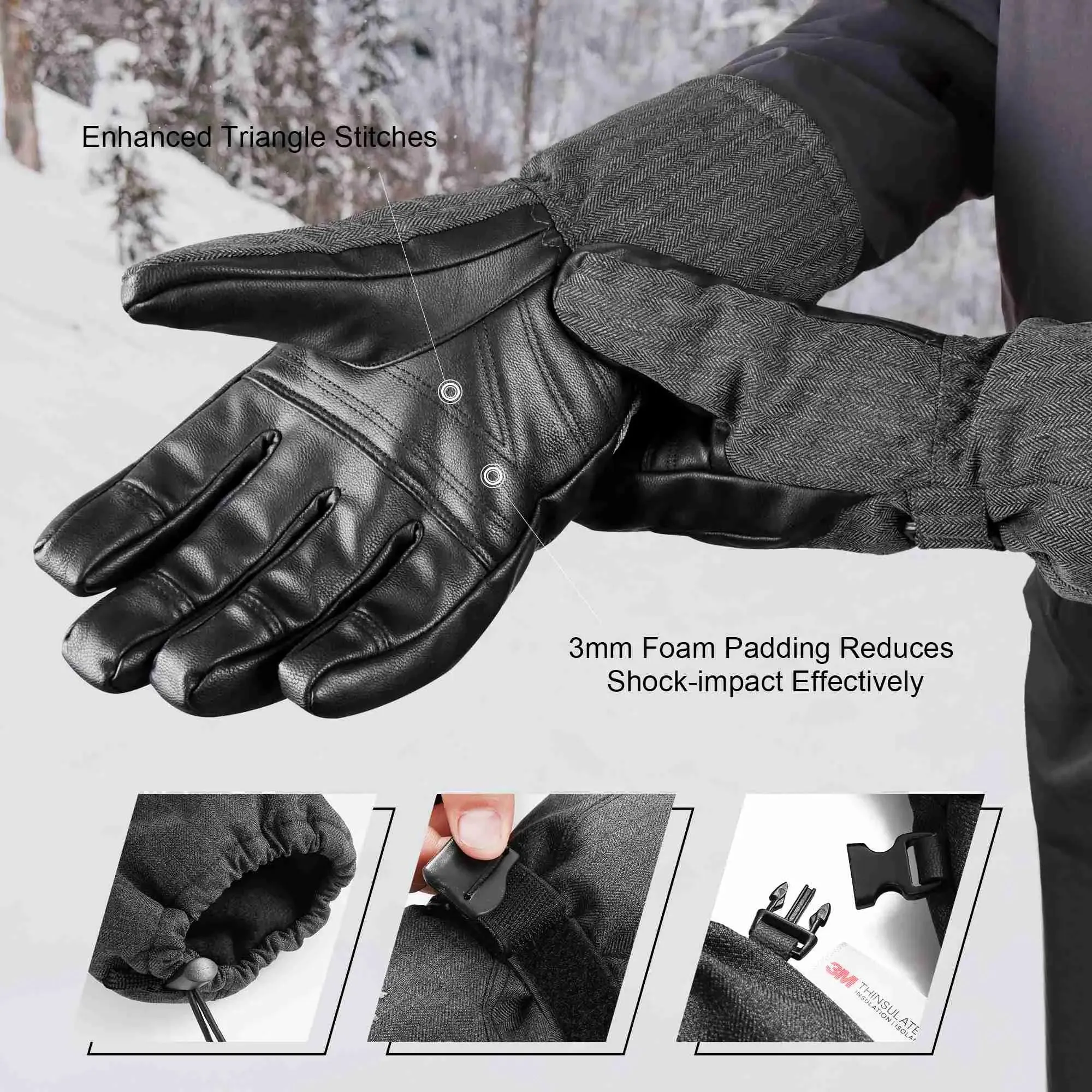 MCTi Ski Gloves Winter Waterproof Snowboard Snow Warm 3M Thinsulate PU Leather Cold Weather Gloves for Mens Womens