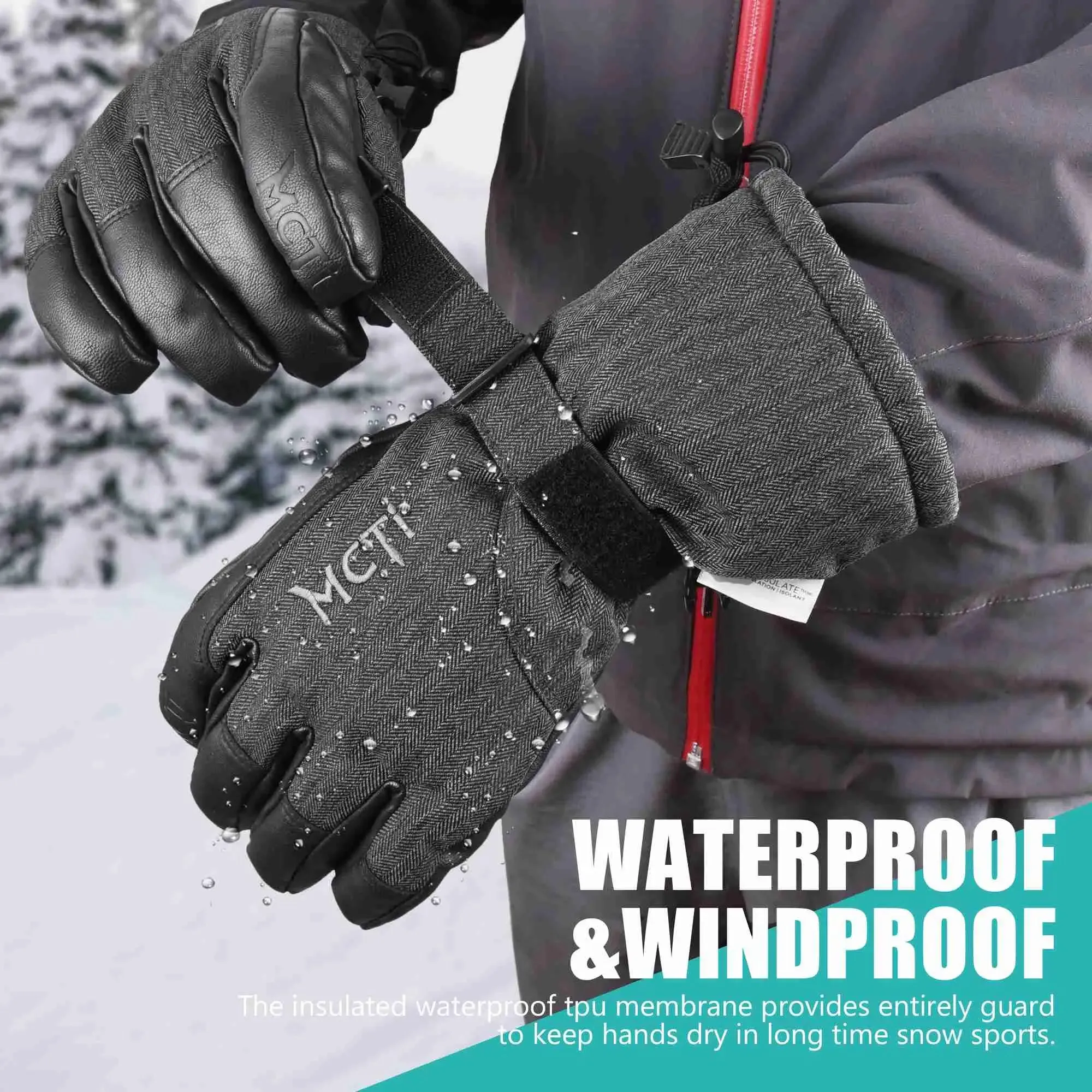 MCTi Ski Gloves Winter Waterproof Snowboard Snow Warm 3M Thinsulate PU Leather Cold Weather Gloves for Mens Womens