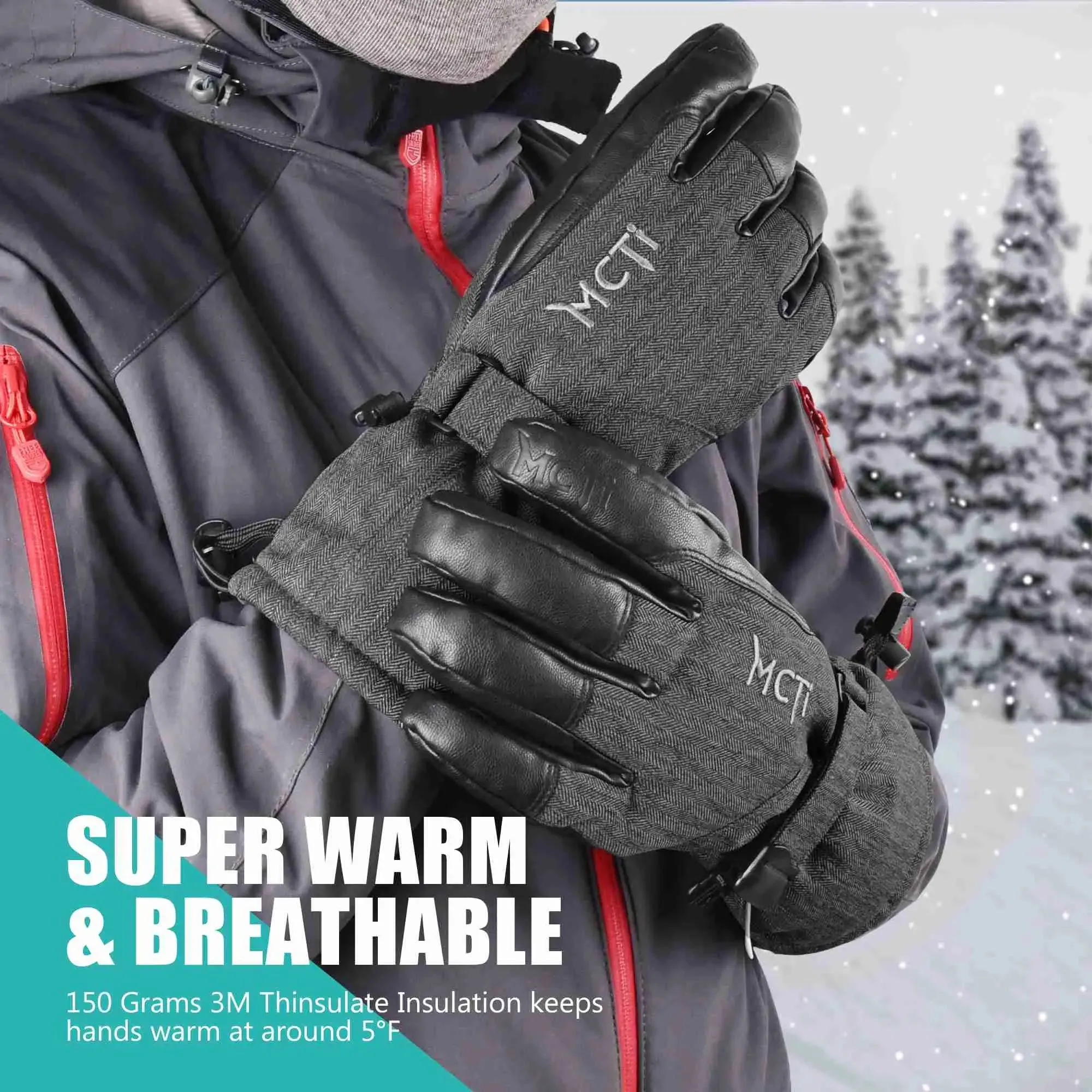 MCTi Ski Gloves Winter Waterproof Snowboard Snow Warm 3M Thinsulate PU Leather Cold Weather Gloves for Mens Womens