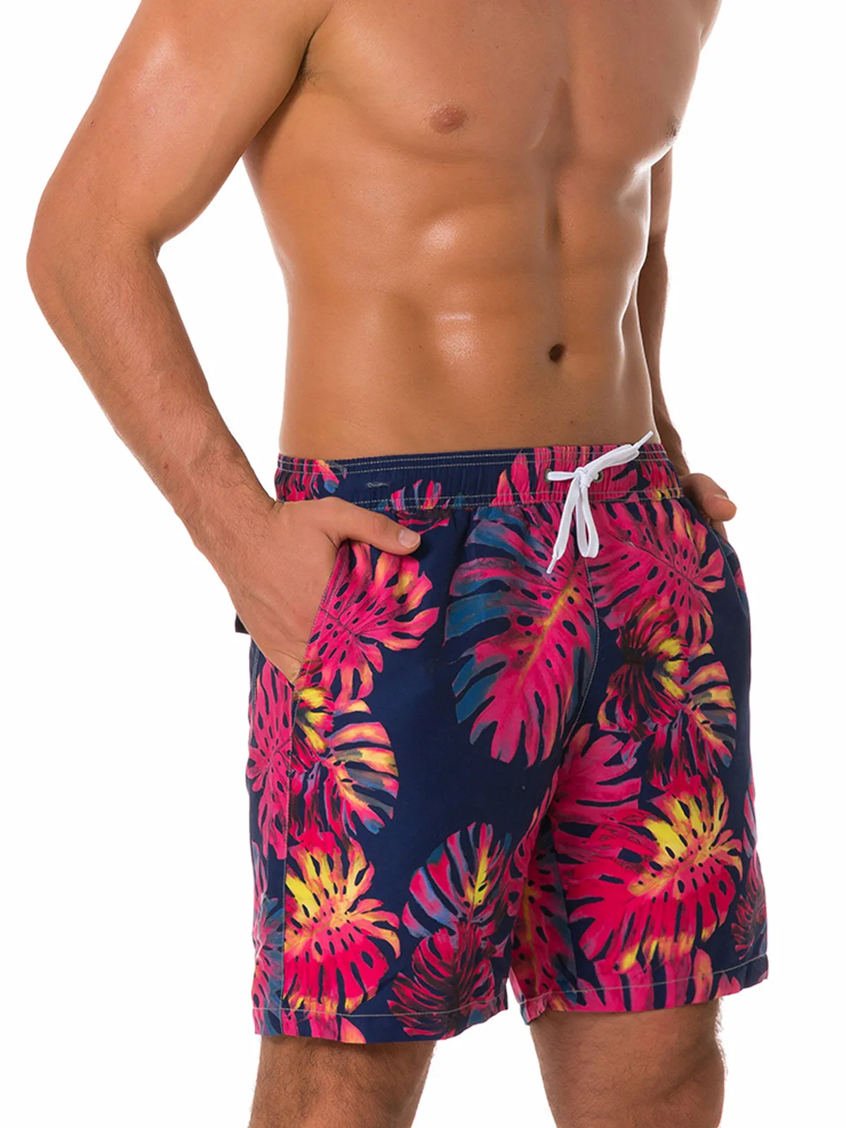 Men's Summer Tropical Leaf Print Beach Shorts Navy Blue Swimming Trunks
