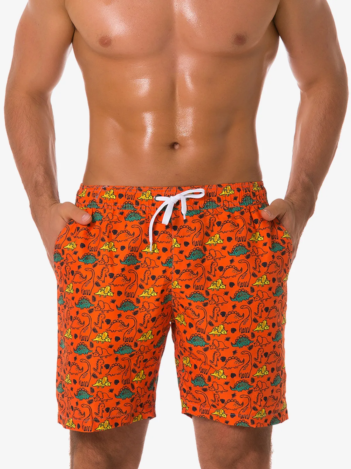 Men's Summer Tropical Leaf Print Beach Shorts Navy Blue Swimming Trunks