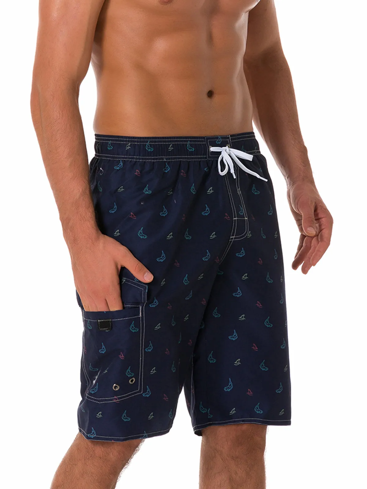 Men's Whale Print Animal Casual Beach Navy Blue Shorts Swimming Trunks