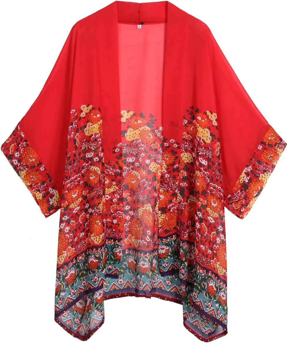 olrain Women's Floral Print Sheer Chiffon 3/4 Bat Sleeve Casual Loose Kimono Cardigan Capes