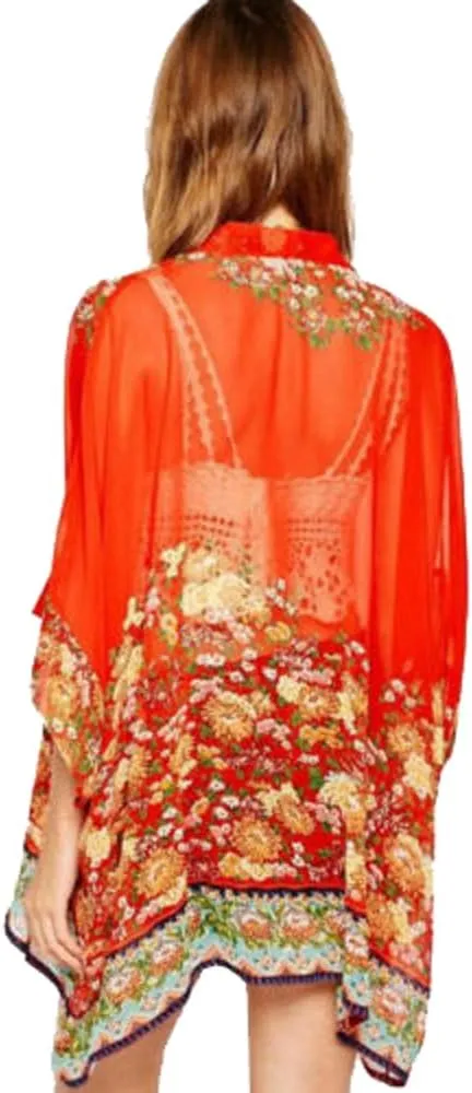 olrain Women's Floral Print Sheer Chiffon 3/4 Bat Sleeve Casual Loose Kimono Cardigan Capes