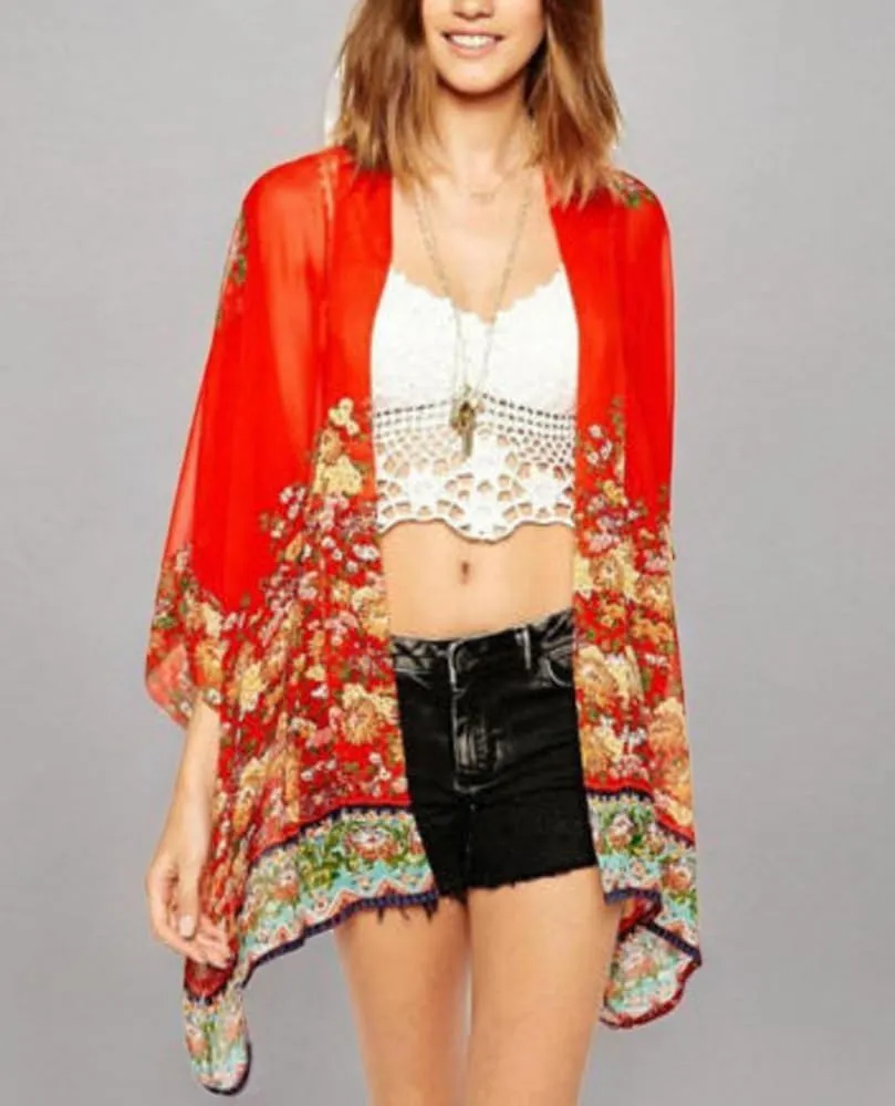 olrain Women's Floral Print Sheer Chiffon 3/4 Bat Sleeve Casual Loose Kimono Cardigan Capes