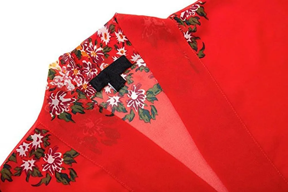 olrain Women's Floral Print Sheer Chiffon 3/4 Bat Sleeve Casual Loose Kimono Cardigan Capes
