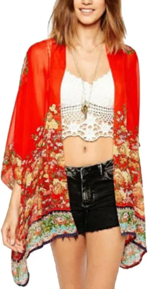 olrain Women's Floral Print Sheer Chiffon 3/4 Bat Sleeve Casual Loose Kimono Cardigan Capes