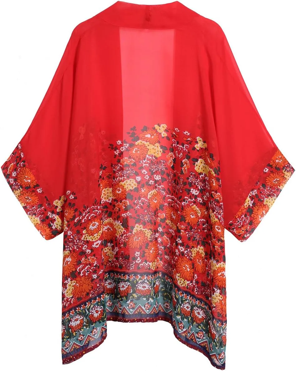 olrain Women's Floral Print Sheer Chiffon 3/4 Bat Sleeve Casual Loose Kimono Cardigan Capes