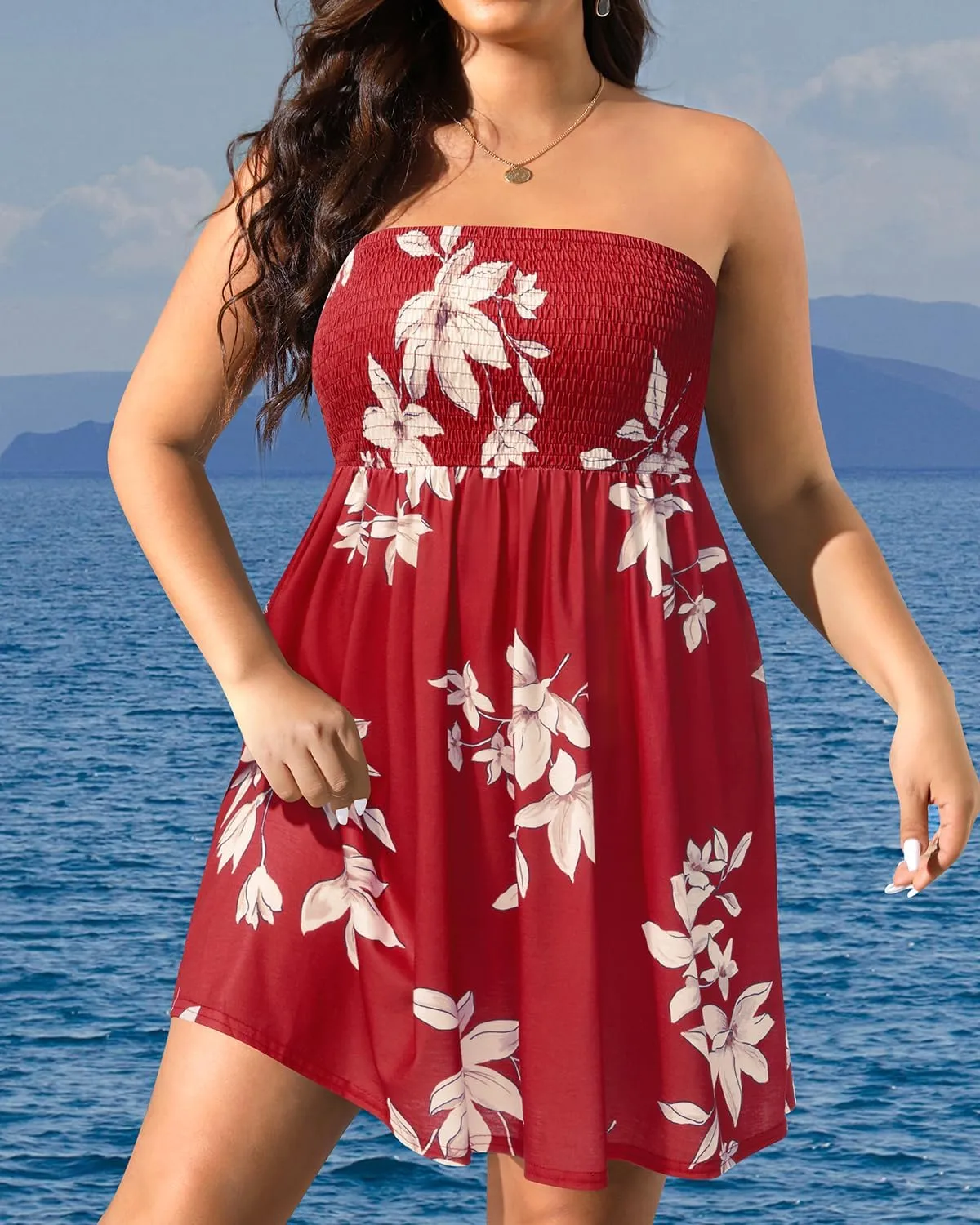 Pinup Fashion Plus Size Swimsuit Cover Up - Women Strapless Swimwear Coverup Tube Top Beach Dress