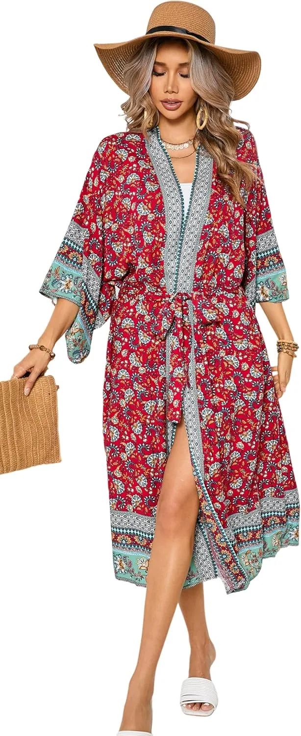 R.Vivimos Women's Vintage Floral Print Beach Boho Cardigan Kimono Maxi Swimwear Cover up Dress Wrap