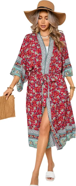 R.Vivimos Women's Vintage Floral Print Beach Boho Cardigan Kimono Maxi Swimwear Cover up Dress Wrap