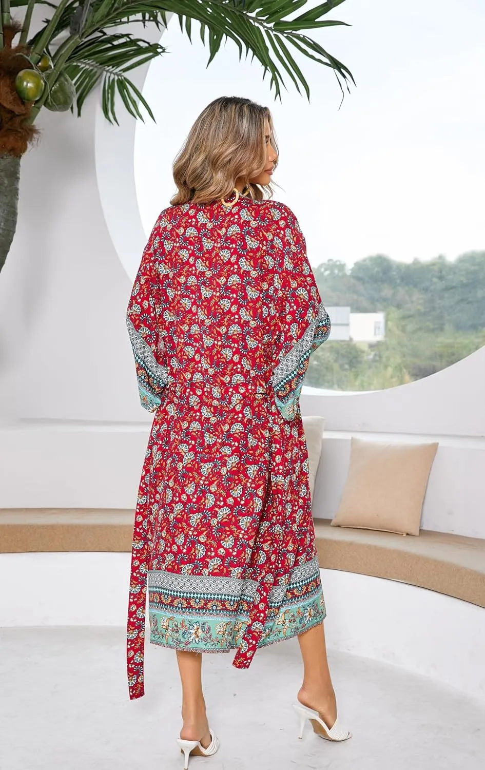 R.Vivimos Women's Vintage Floral Print Beach Boho Cardigan Kimono Maxi Swimwear Cover up Dress Wrap