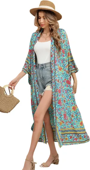 R.Vivimos Women's Vintage Floral Print Beach Boho Cardigan Kimono Maxi Swimwear Cover up Dress Wrap