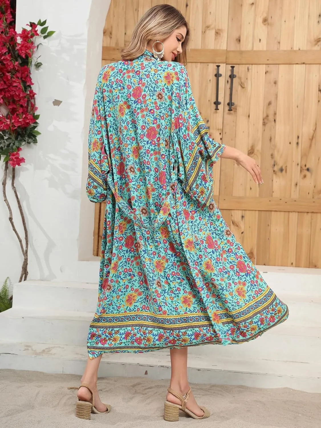 R.Vivimos Women's Vintage Floral Print Beach Boho Cardigan Kimono Maxi Swimwear Cover up Dress Wrap