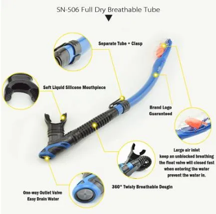 Scuba Diving Snorkeling Gear Set Plano Lenses Mask / Dry Top Snorkel Adults Blue DM406 SN506