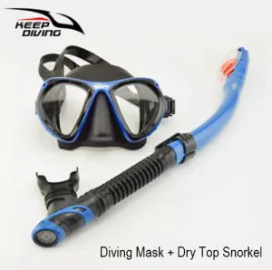 Scuba Diving Snorkeling Gear Set Plano Lenses Mask / Dry Top Snorkel Adults Blue DM406 SN506
