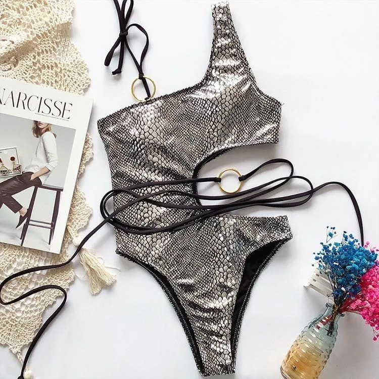 Snake Printing High Cut Sexy One Piece Swimsuit