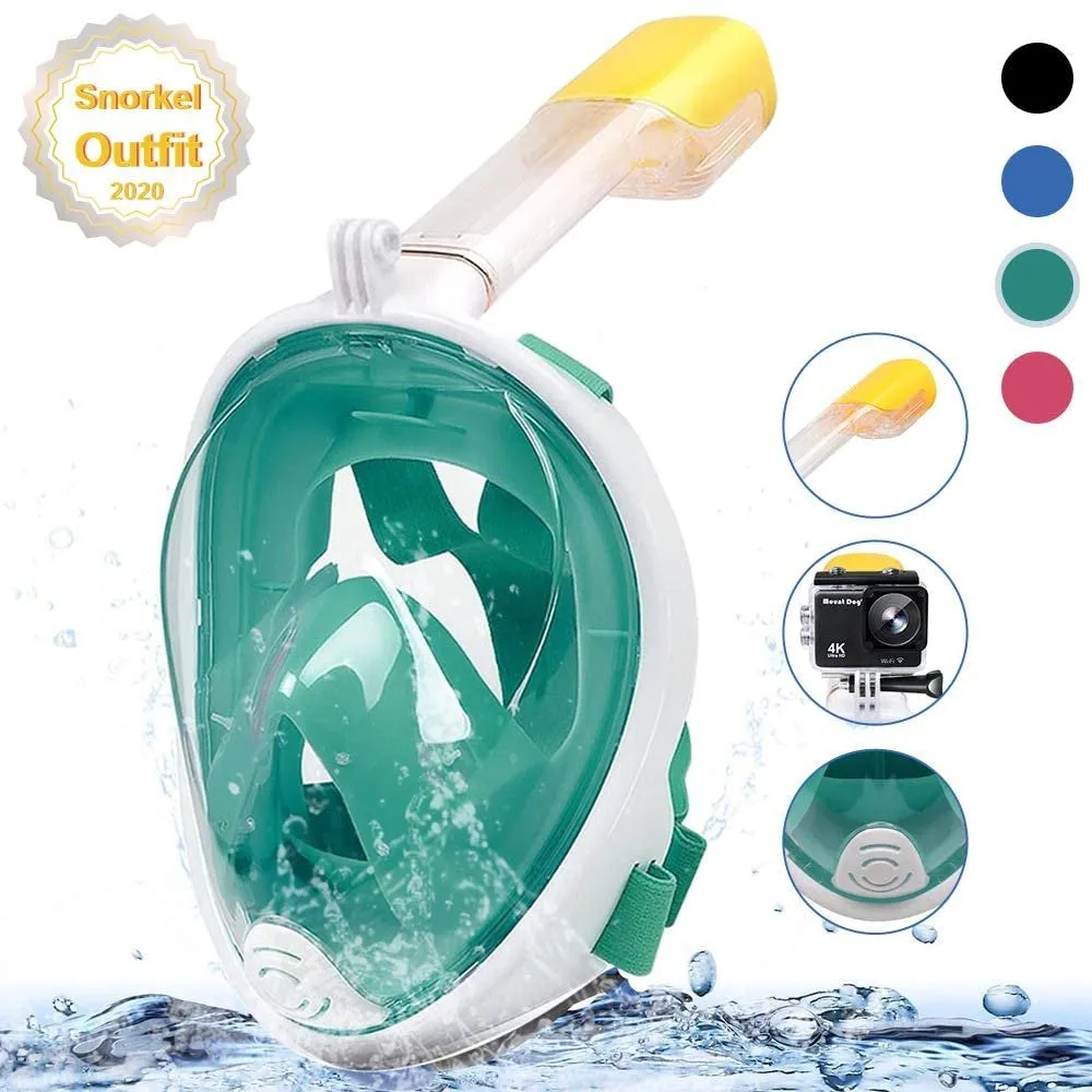 Snorkel Mask Full Face with Panoramic View and Action Camera Mount - Anti-Fog and Anti-Leak Design