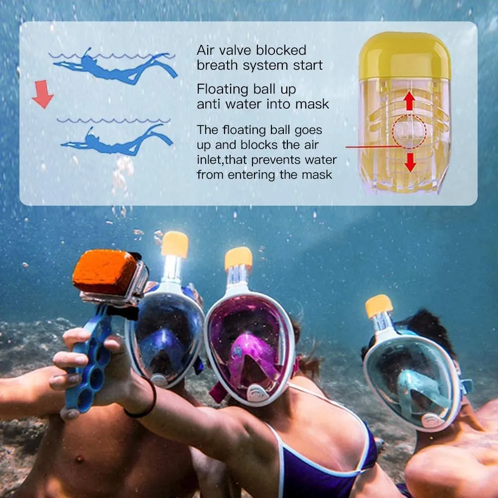 Snorkel Mask Full Face with Panoramic View and Action Camera Mount - Anti-Fog and Anti-Leak Design