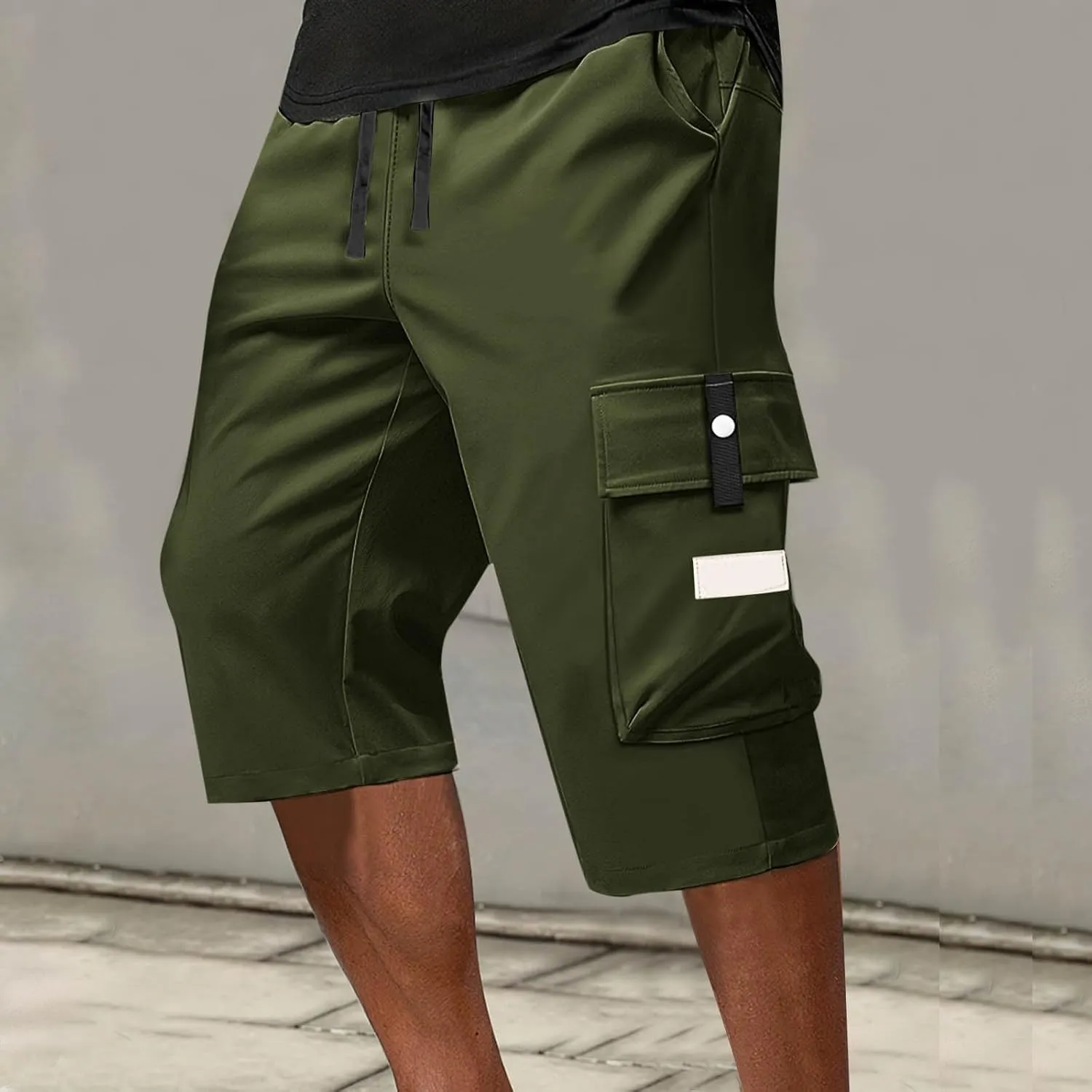 Summer Cargo Shorts for Men Elastic Drawstring Athletic Capri Pants Wide Leg Stretch Hiking Shorts with Multi Pockets