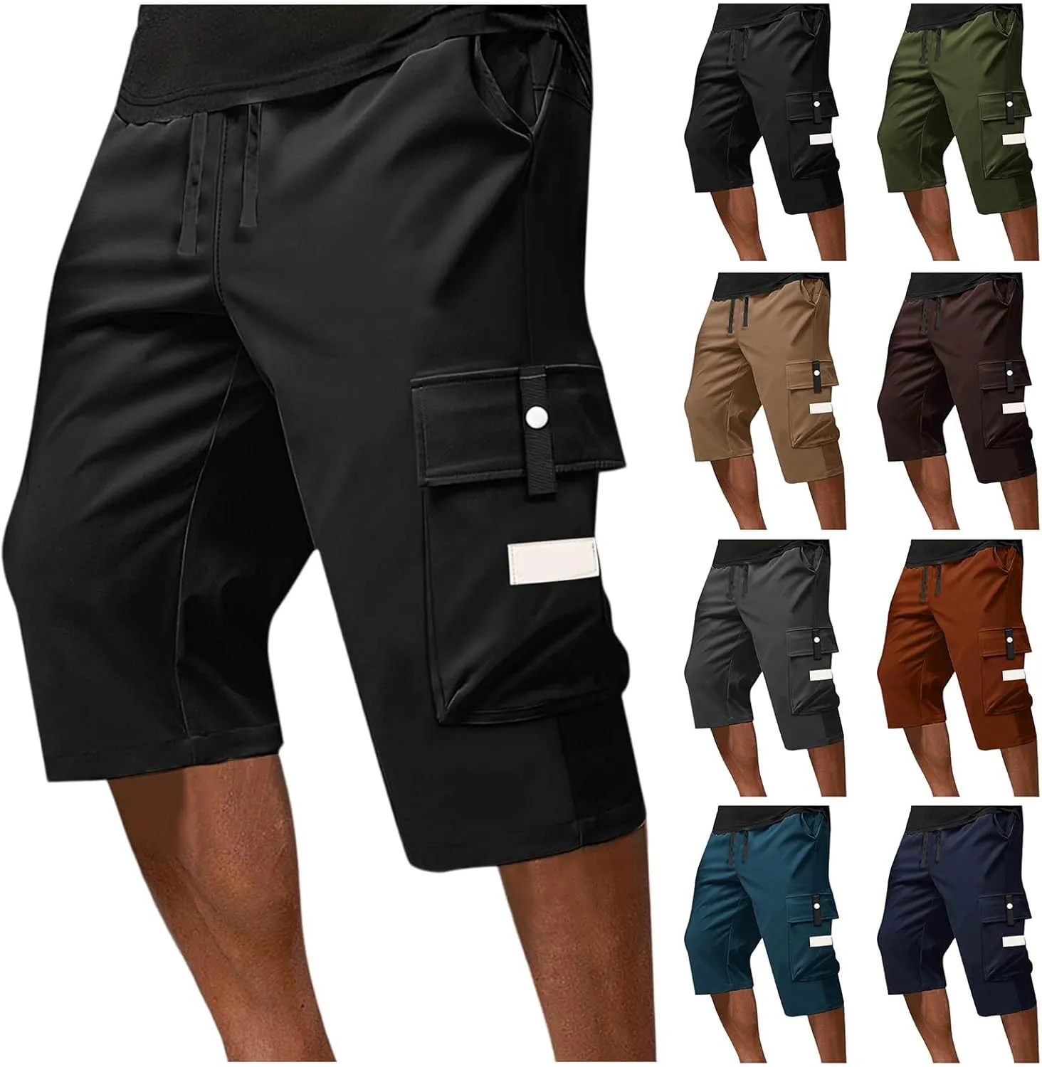 Summer Cargo Shorts for Men Elastic Drawstring Athletic Capri Pants Wide Leg Stretch Hiking Shorts with Multi Pockets