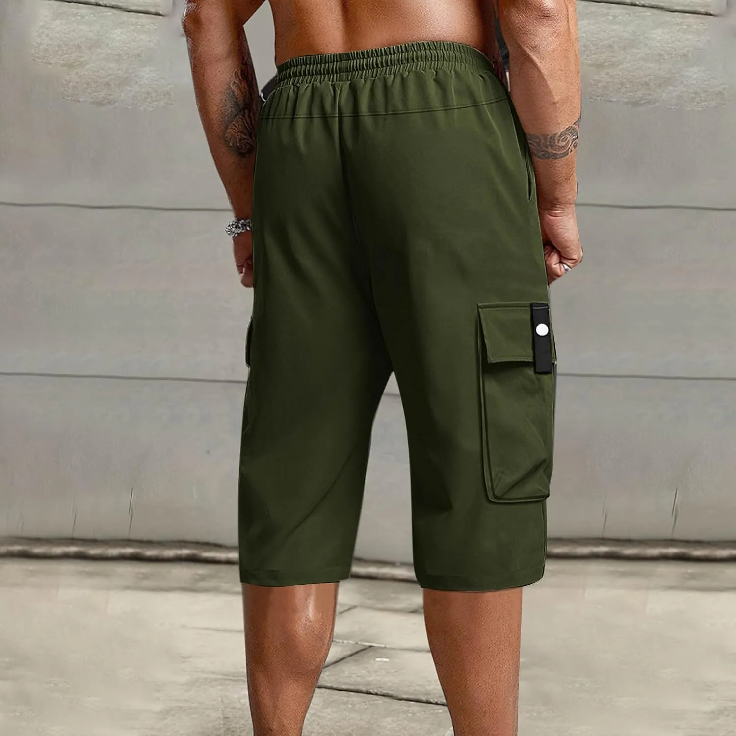 Summer Cargo Shorts for Men Elastic Drawstring Athletic Capri Pants Wide Leg Stretch Hiking Shorts with Multi Pockets