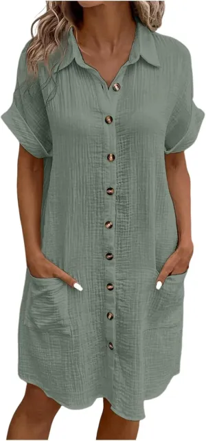 Summer Dresses for Women 2025 Linen Button Down Shirt Dress Midi Sundress Casual Summer Loose Cover Up Vacation Beach
