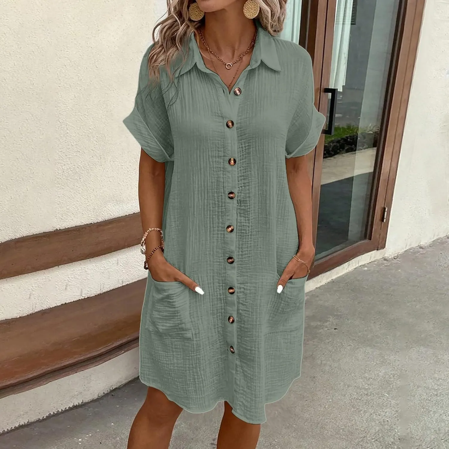Summer Dresses for Women 2025 Linen Button Down Shirt Dress Midi Sundress Casual Summer Loose Cover Up Vacation Beach