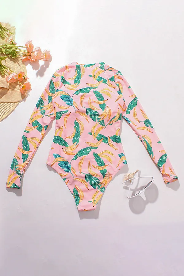 Tropical Banana Print Zip Long Sleeve UPF50  Rash Guard